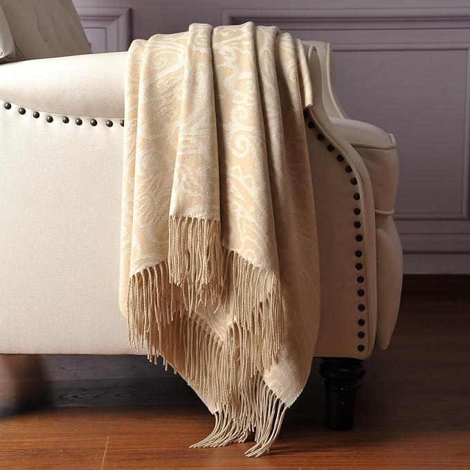 CUDDLE DREAMS Premium Cashmere Throw Blanket with Fringe, Luxuriously Soft (Paisley Beige)