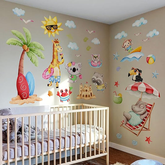 Cute Jungle Theme Wall Stickers Removable Animal Forest Wall Decals Elephant Monkey Lion Giraffe Zebra Peel and Stick Tropical Wall Art Decor for Nursery Bedroom Classroom (Colourful 2)
