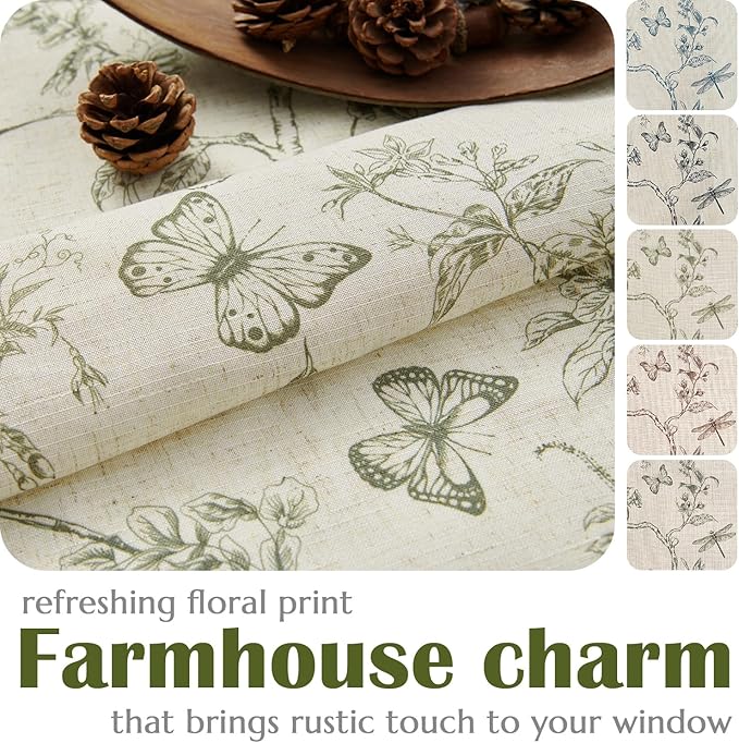 Lazzzy Farmhouse Lined Linen Green Floral Curtains 96 Inch Long Back Tab Drapes for Living Room Bedroom Light Filtering Country Vintage Rod Pocket, 2 Panels, Green on Beige