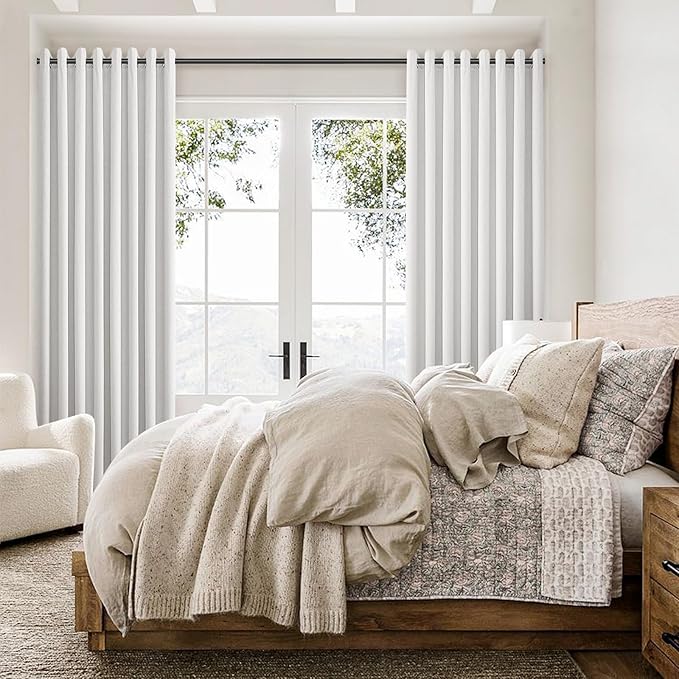 Beige White 100% Blackout Linen Curtains 90 Inch Long Grommet Living Room Darkening Window Curtain Linen Earth Tone Farmhouse Style Thermal Insulated Black Out Drapes for Bedroom 2 Panels 52Wx90L