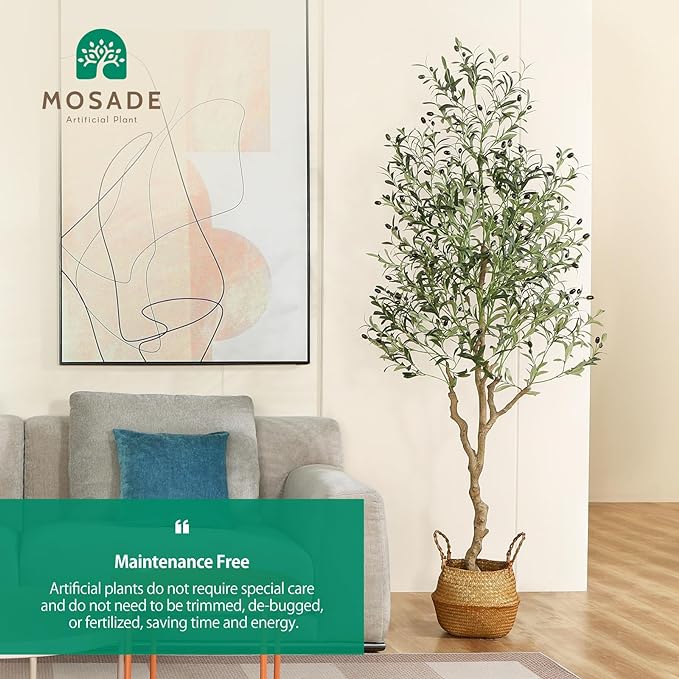 MOSADE Artificial Olive Tree 7 Feet Fake Olive Silk Plant and Handmade Seagrass Basket, Perfect Tall Faux Topiary Silk Tree for Indoor Entryway Modern Decor Home Office Porch Balcony Gift,2Pack