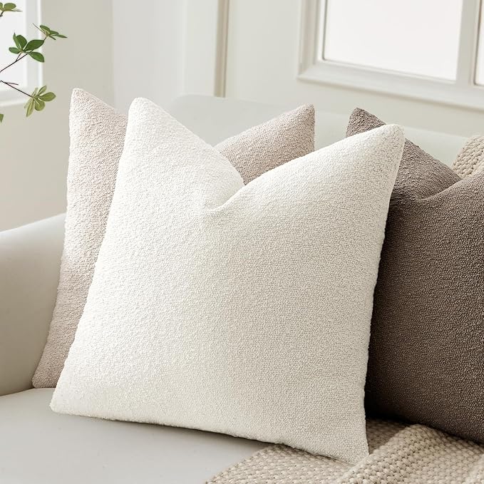 ANRODUO Pack of 2 Textured Boucle Throw Pillow Covers Soft White Euro Decorative Accent Solid Pillow Cases Cozy Modern Couch Cushion Case for Chair Sofa Bedroom Living Room Home Decor, 22 x 22 Inch