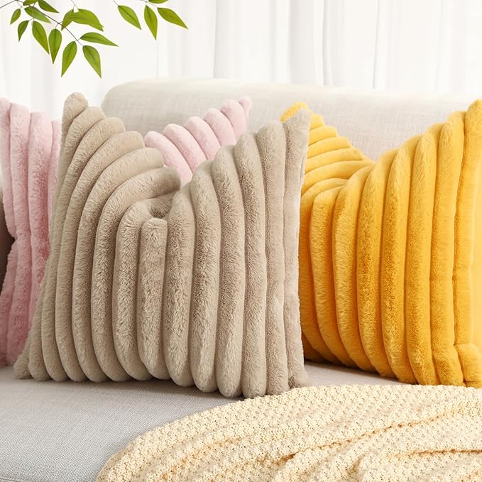 decorUhome Faux Fur Throw Pillow Covers 24x24 Set of 2, Decorative Soft Plush Striped Neutral Couch Euro Pillow Covers with Velvet Back for Sofa, Bed, Living Room Home Decor, Pink