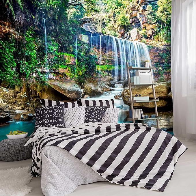 -Green Lake Waterfall Scenery Fabric Wallpaper Living Room Woodland Forest Mountain Bedroom Bathroom Large Wall Mural- 137"x96"（ not Peel and Stick）