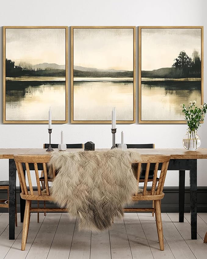 KUVIOKE Watercolor Abstract Mountain Lake Framed Wall Art Brown Landscape Nature Wilderness Painting Nordic Neutral Tan Illustration Decorative Home Decor 24x36in (Natural Framed)