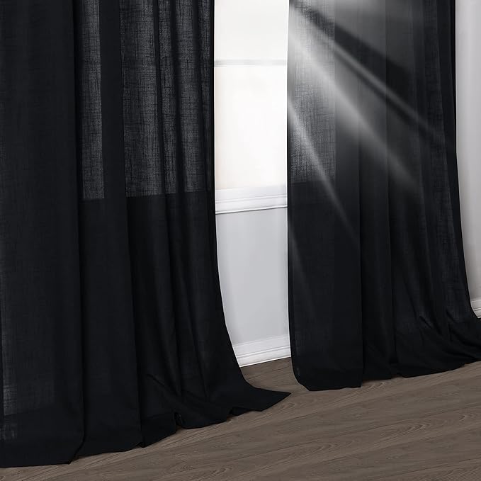 Guken Black Linen Curtains 120 Inch Length for Living Room Bedroom 2 Panels Set Rod Pocket Light Filtering Semi Sheer Window Curtains 52 Inch Width Boho Farmhouse Linen Drapes, W52xL120