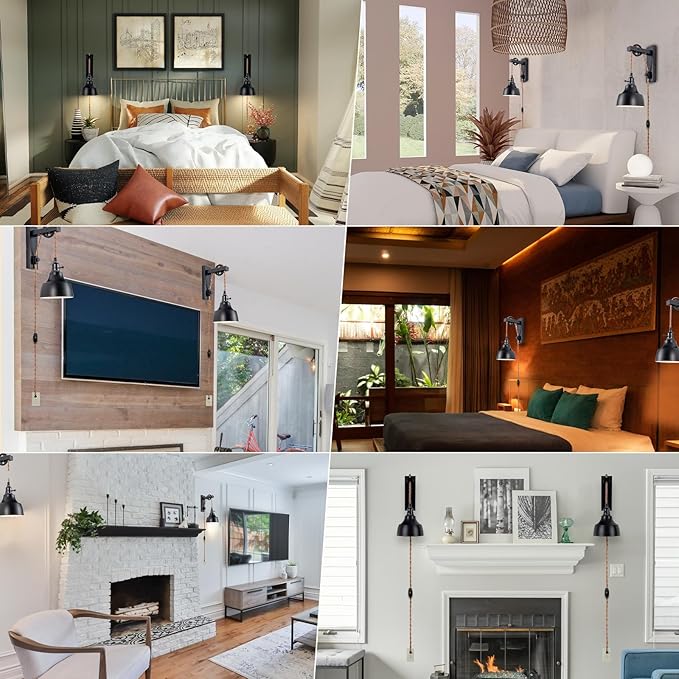 8FT Dimmable Plug in Wall Sconces Pulley Wall Lamps Vintage Hanging Light Fixture Wall Lights with Plug in Dimmable Switch Set of Two Black Wall Lamp for Bedroom, Living Room and Hotel