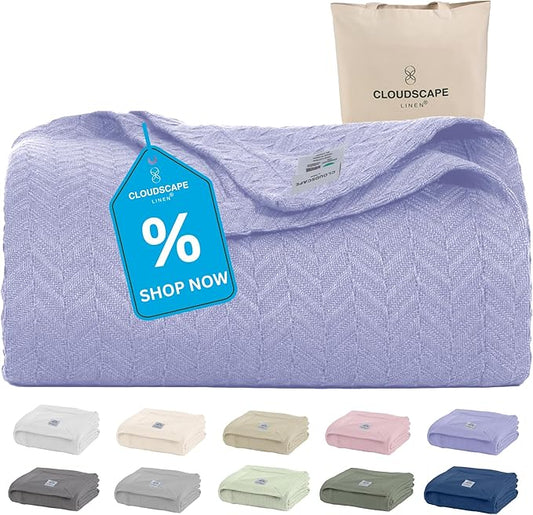 Cloud Scape Linen Herringbone Cotton Throw Blanket for Couch, Bed,Sofa, Home Decor, Soft, Lightweight, All-Season Bed Blanket, 50 x 70, Lavender Blue