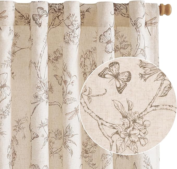 Lazzzy Farmhouse Lined Linen Taupe Floral Curtains 96 Inch Long Back Tab Drapes for Living Room Bedroom Light Filtering Country Vintage Rod Pocket, 2 Panels, Taupe on Beige