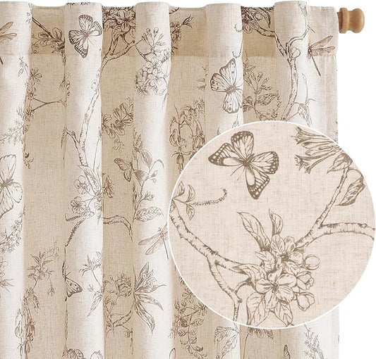 Lazzzy Farmhouse Lined Linen Taupe Floral Curtains 96 Inch Long Back Tab Drapes for Living Room Bedroom Light Filtering Country Vintage Rod Pocket, 2 Panels, Taupe on Beige