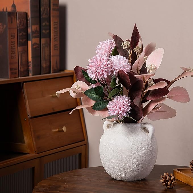 Small Ceramic White Vase - Short Rustic Flower Vases - 6 Inch Christmas Decorative Vase, Vintage Terracotta Vase with Hadle for Home Decor,Living Room Shelf Decor Table, Lyeec