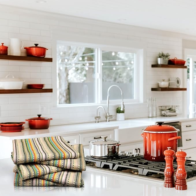 Urban Villa Easter Kitchen Towels,Beige Multi Dobby Stripes,Premium Quality,100% Cotton Dish Towels, Mitered Corners,Ultra Soft (Size: 20x30 Inches), Highly Absorbent Bar & Tea Towels (Set of 6)