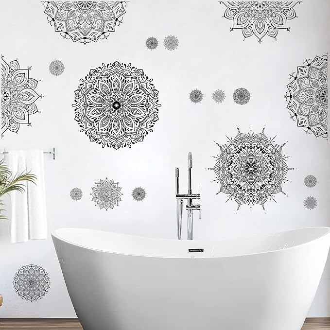 Large Mandala Wall Sticker Peel and Stick Boho Lotus Wall Decor Stickers Mandala Floral Flower Window Cling Decals Black Mandala Wall Art Decal for Bedroom Living Room Headboard Yoga Decoration