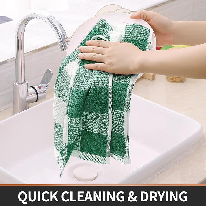 Homaxy 100% Cotton Waffle Weave Check Plaid Kitchen Towels, 13 x 28 Inches, Super Soft and Absorbent Dish Towels for Drying Dishes, 4-Pack, White & Dark Green