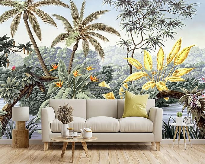 -Tropical Botanical Palm Leaf Fabric Wallpaper Living Room Bedroom Bathroom Rainforest Plant Jungle Large Wall Mural- 160"x108"（ not Peel and Stick）