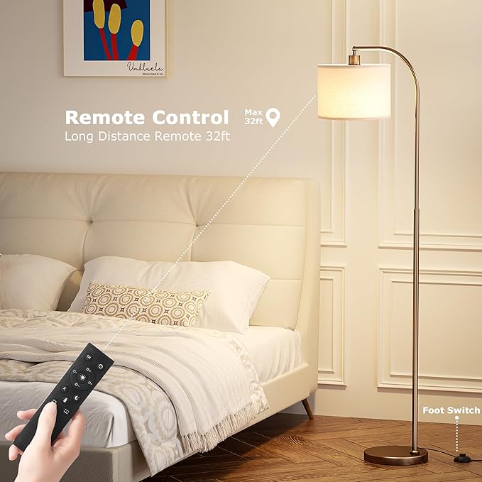 Arc Floor Lamp with Remote and Stepless Dimmable Bulb, Colors Temperature & Brightness Adjustable, Floor Lamps for Living Room（Deep Beige Shade & Brown Pole）