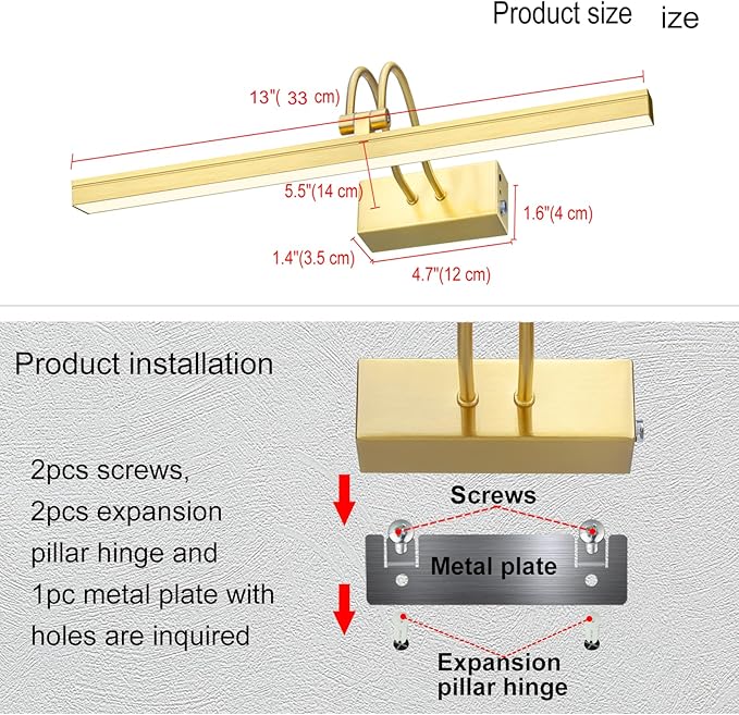 FUNCHDAY Picture Light Wireless, 13inch Rechargeable Battery Operated Gallery Painting Light with Remote, 280LM Dimmable Metal Art Lights for Paintings,Wall,Portrait (Brass)