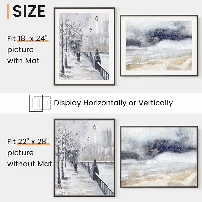 22x28 inch Metal Poster Frame - 22 x 28 Thin Aluminum Picture Frames Matted for 18x24 Photos, Artworks, Prints, Puzzle - High Definition Plexiglass - Vertical and Horizontal Display - Wall Hook Hanging Hardware Included - Black, Set of 4