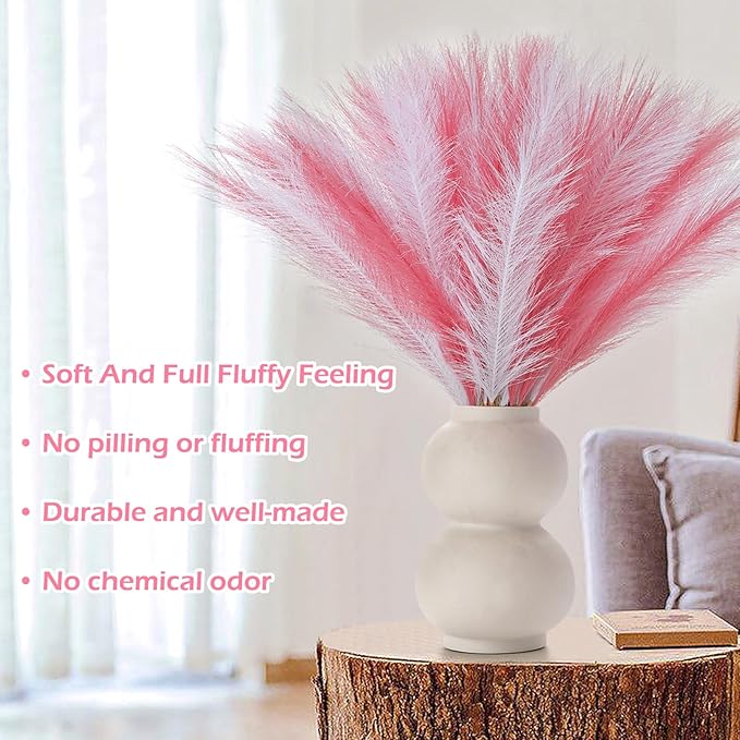 60 Pcs Pampas Grass Decor 21.7" Fluffy Faux Short Pink White Pampas Grass Artificial Small Pompas Grass Flower Vase Filler for Home Wedding Decoration