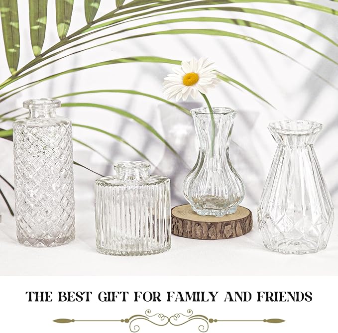 Set of 4 Glass Bud Vase Set, Small Vintage Clear Flower Vase Centerpieces for Table Bulk Cute Rustic Style Mini Vase for Home Decor Wedding Baby Shower Birthday Party