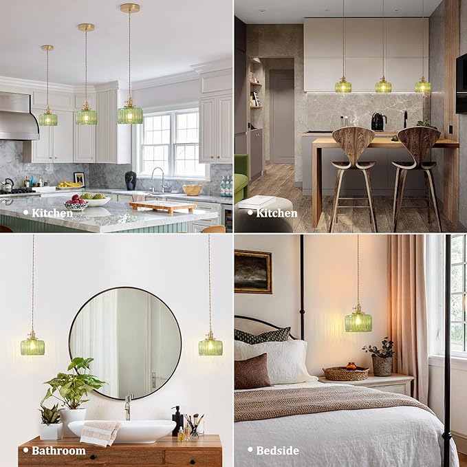 Pendant Light with Green Striped Glass Lmapshade, Brass Vintage Pendant Light Adjustable Hanging Light for Kitchen Island Dining Room Hallway