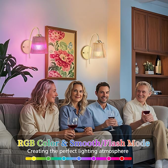 Vintage Battery Operated Wall Sconce with Flower lampshade,Rechargeable Battery Powered Wall Lights,Wall lamp With 15 Colors for Bedroom Living Room Home Decor (Amber Stripe, 2 Light Battery Operated)