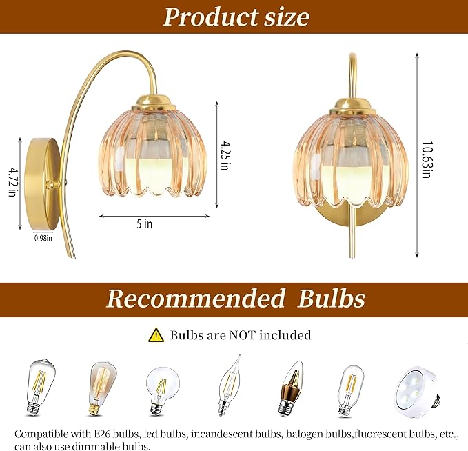 Vintage Battery Operated Wall Sconce with Flower lampshade,Rechargeable Battery Powered Wall Lights,Wall lamp with 15 Colors for Bedroom Living Room Home Decor (Amber Tulip, 2 Light Battery Operated)