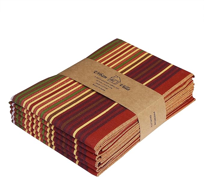 Urban Villa Fall Print Stripes Kitchen Towels Premium Quality 100% Cotton Harvest Dish Towels Mitered Corners Ultra Soft (Size: 20X30 Inch) Thanks Giving Highly Absorbent Tea Towels - (Set of 6)