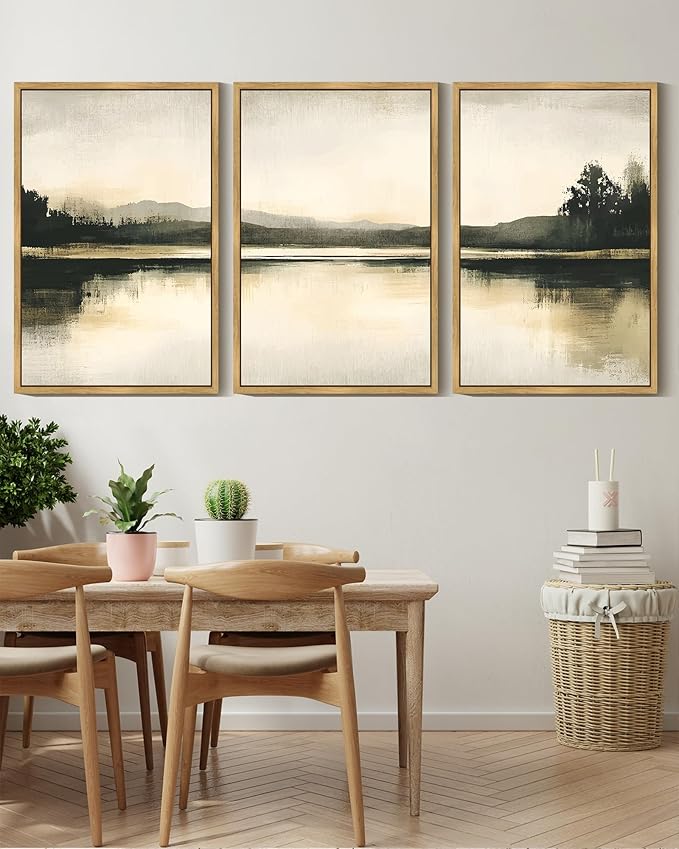 KUVIOKE Watercolor Abstract Mountain Lake Framed Wall Art Brown Landscape Nature Wilderness Painting Nordic Neutral Tan Illustration Decorative Home Decor 16x24in (Natural Framed)