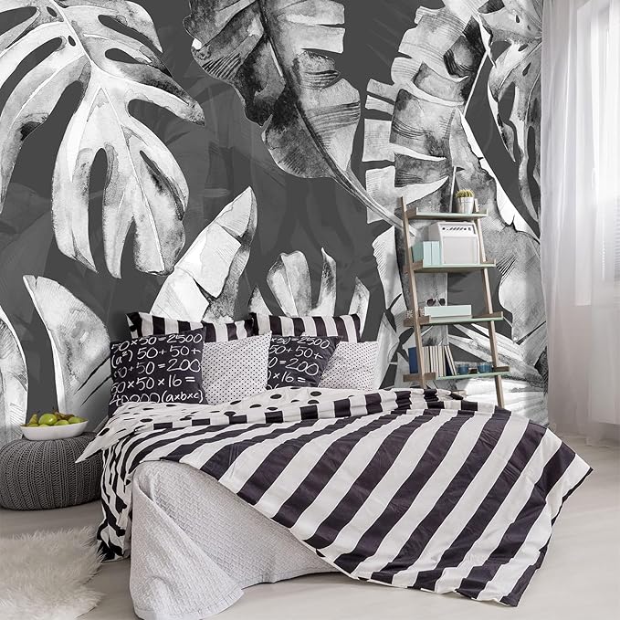 -Tropical Botanical Grey Banana Leaf Fabric Wallpaper Living Room Bedroom Bathroom Plant Wall Mural- 91"x65"（ not Peel and Stick）
