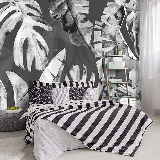 -Tropical Botanical Grey Banana Leaf Fabric Wallpaper Living Room Bedroom Bathroom Plant Wall Mural- 91"x65"（ not Peel and Stick）