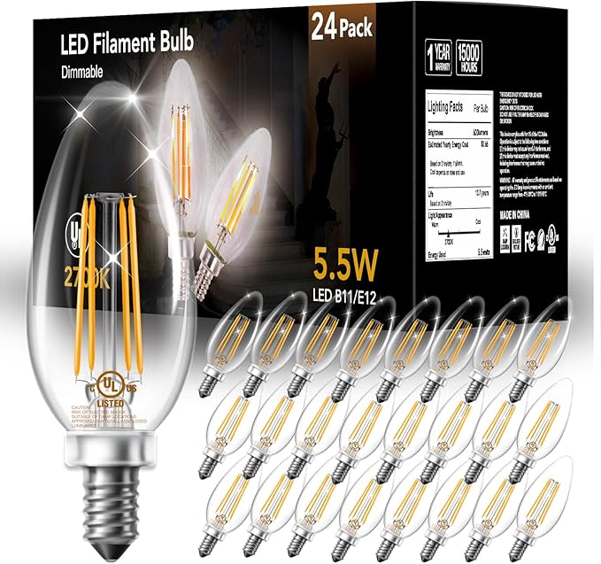 DAYBETTER B11 Chandelier Light Bulbs, Dimmable E12 LED Bulbs 60W Equivalent, Candelabra LED Bulbs, High Brightness 600 LM Warm White 2700K, Filament Candle Light Bulbs, Clear Glass, 24 Pack