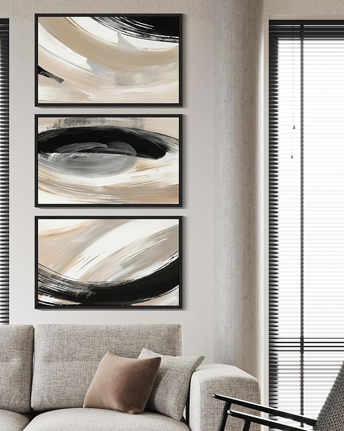 KUVIOKE Modern Abstract Framed Wall Art Black Neutral Minimalist Ink and Wash Graffiti Pastel Wall Decor for Bedroom Living Room 16x24in (Black Framed)