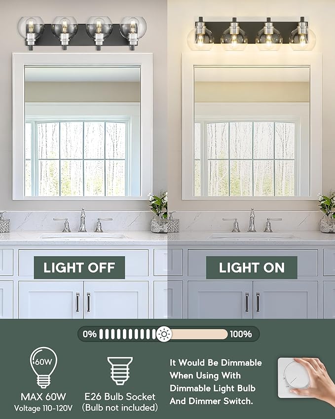 Bathroom Light Fixtures, 4-Light Black and Brushed Nickel Bathroom Vanity Light, 26 Inch Modern Wall Sconces with Globe Clear Glass Shade, Vanity Lighting Fixtures Over Mirror, VL195-KN-4