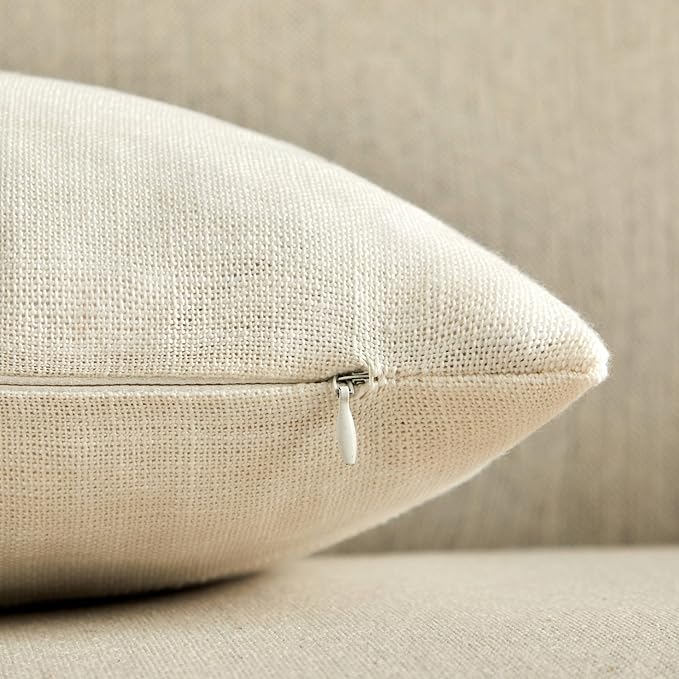 2 Packs Grid Embroidery Throw Pillow Covers, 16x16 Inch Off White, Farmhouse Linen Decorative Ivory Cushion Covers for Sofa Bed Living Room Home Decor