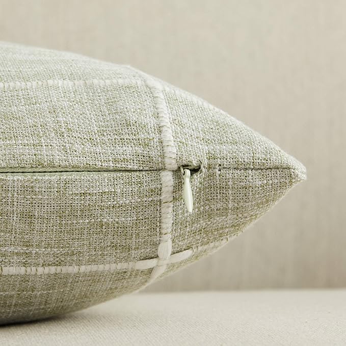 2 Packs Grid Embroidery Throw Pillow Covers, 22x22 Inch Green, Farmhouse Linen Decorative Sage Green Cushion Covers for Sofa Bed Living Room Home Decor