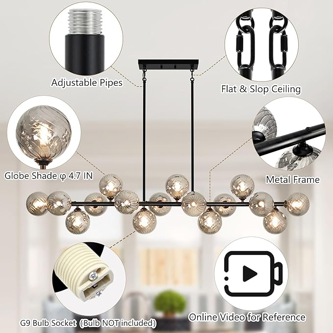 Dining Room Light Fixture 16-Light Farmhouse Chandeliers for Dining Room Large Chandelier Linear Sputnik Chandelier Smoke Gray Swirled Globe Glass Bubble Black Modern Pendant Lights Kitchen Island