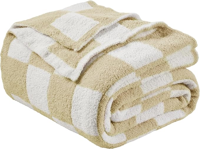 JOOJA Soft Cozy Checkerboard Beige Knit Throw Blanket for Couch Plaid Checkered 60x80 in