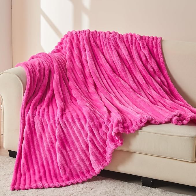 NEWCOSPLAY Super Soft Throw Blanket Hot Pink Premium Silky Flannel Fleece 3D Ribbed Jacquard Lightweight Bed Blanket All Season Use (Hot Pink Ribbed, Throw(50"x60"))