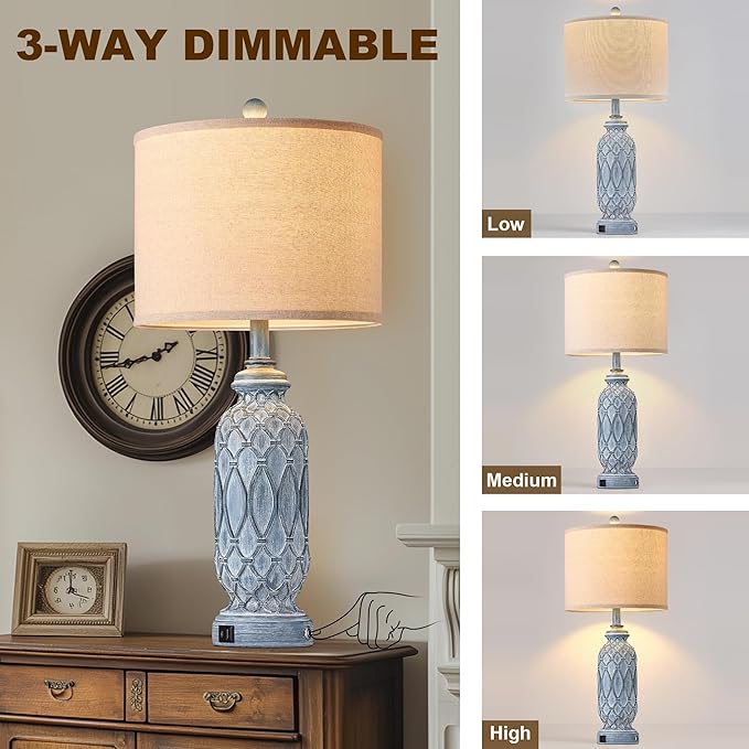 28" Living Room Lamps Set of 2, Farmhouse Lamps for Bedroom with USB A+C Charging Ports, Touch Lamps for Nightstand, 2 Bulbs Included