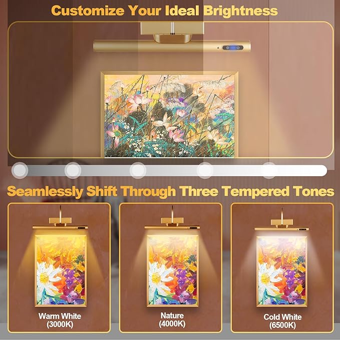 Dimmable Cordless Picture Light with Controller and Timer, Rechargeable 5000mAh Battery Wall Sconce for Wall Pictures, Gallery Artwork, Paintings, Portraits, Dartboards (Gold)