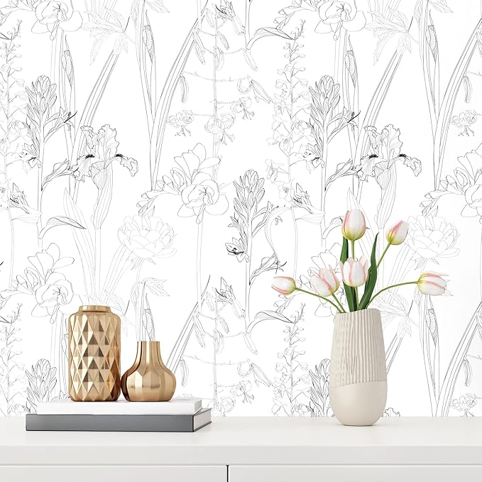 WESTICK Black White Floral Wallpaper Chinoiserie Sketch Floral Contact Paper Modern Iris Flower Peel and Stick Wallpaper for Bedroom Accent Walls Living Room Bathroom Laundry Room Cabinets 17.5"x100"