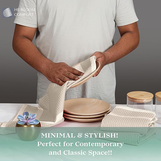 5 Pack Ivory Waffle Weave Kitchen Towels, 16"x26", 100% Cotton, Super Absorbent, Fast Dry, Durable Dishcloth Set for Cleaning, Drying Dishes, Hand Towels, Machine Washable, Cream