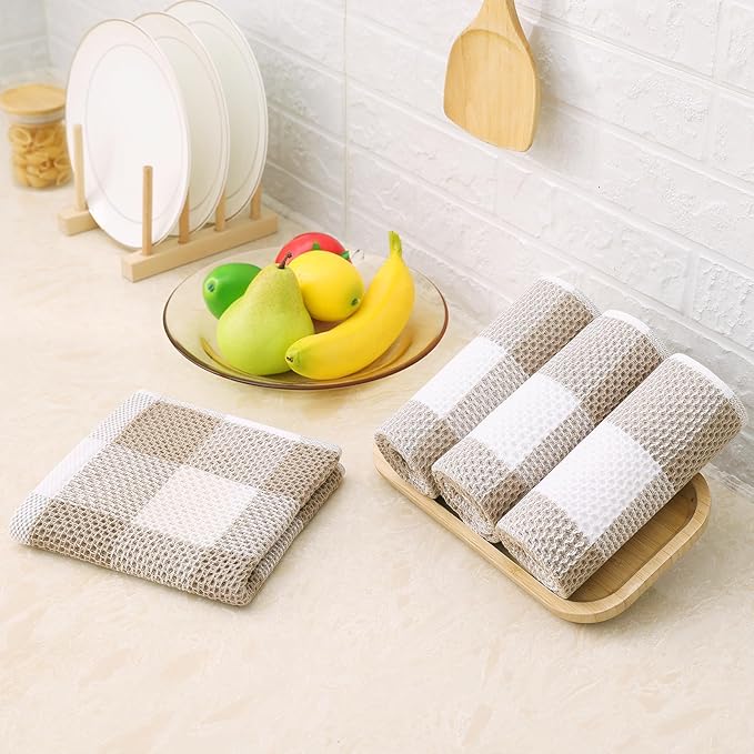Homaxy 100% Cotton Waffle Weave Check Plaid Kitchen Towels, 13 x 28 Inches, Super Soft and Absorbent Dish Towels for Drying Dishes, 4-Pack, White & Khaki
