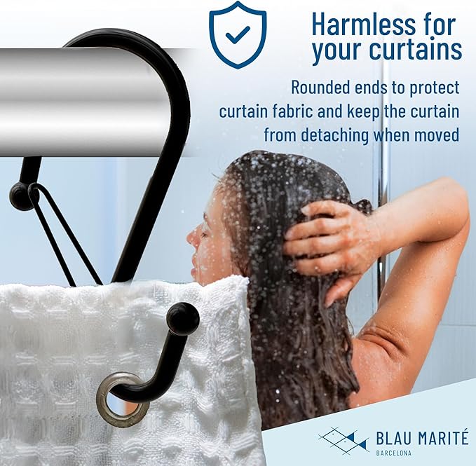 Set of 12 Black Metal S Hook Shower Hooks 1” – Closed, Heavy Duty, Long Decorative Shower Curtain Hooks, Easy Glide, Buckle, Large Rust Resistant Rings for Bathroom Rods (Black, S)