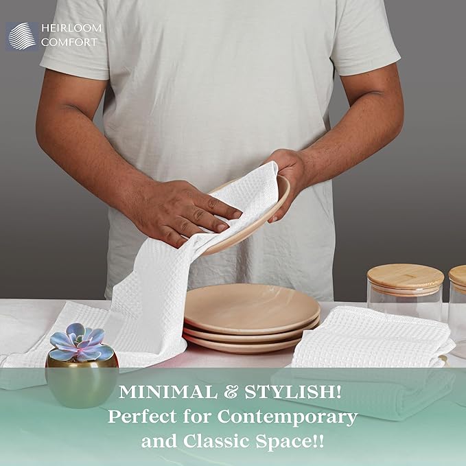 3 Pack White Waffle Weave Kitchen Towels, 100% Cotton, 16"x26", Super Absorbent, Quick Dry Dishcloth Set with Hanging Loop, Soft for Drying Dishes, Cleaning, Hand Towels, Durable