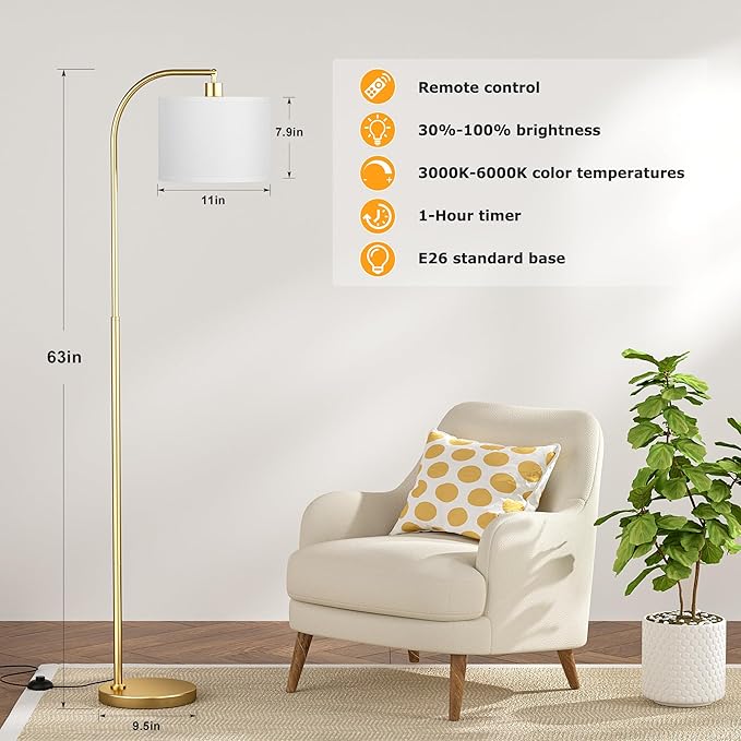 Arc Floor Lamp with Remote and Stepless Dimmable Bulb, Colors Temperature & Brightness Adjustable, Floor Lamps for Living Room（White Shade & Gold Pole）