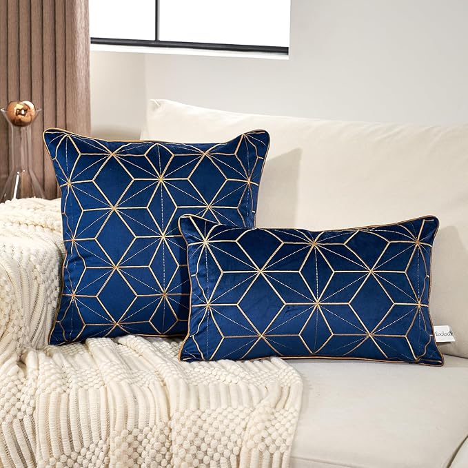 Aeckself 12 x 20 Inch Navy Blue Gold Plaid Geometric Lines Embroidery Velvet Cushion Case Luxury Modern Rectangular Throw Pillow Cover Decorative Pillow for Couch Living Room Bedroom Car