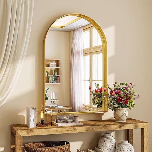 26" x 38" Luxury Arched Bathroom Mirror - Arch Wall Mirror with Shatterproof Tempered Glass and Metal Deep Frame, Hanging or Leaning for Living Room, Dresser, Entrance and Hallway, Gold