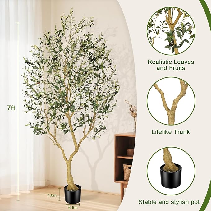 Faux Olive Tree 7FT, Olive Trees Artificial Indoor, Large Fake Tree with Realistic Leaves Branches and Lifelike Fruits for Home Office Living Room Decor
